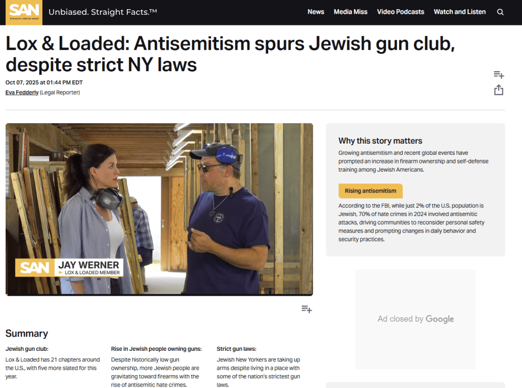 Image showing a male and female member of a Jewish gun club discussing firearm safety in a training facility with wooden beams in the background.