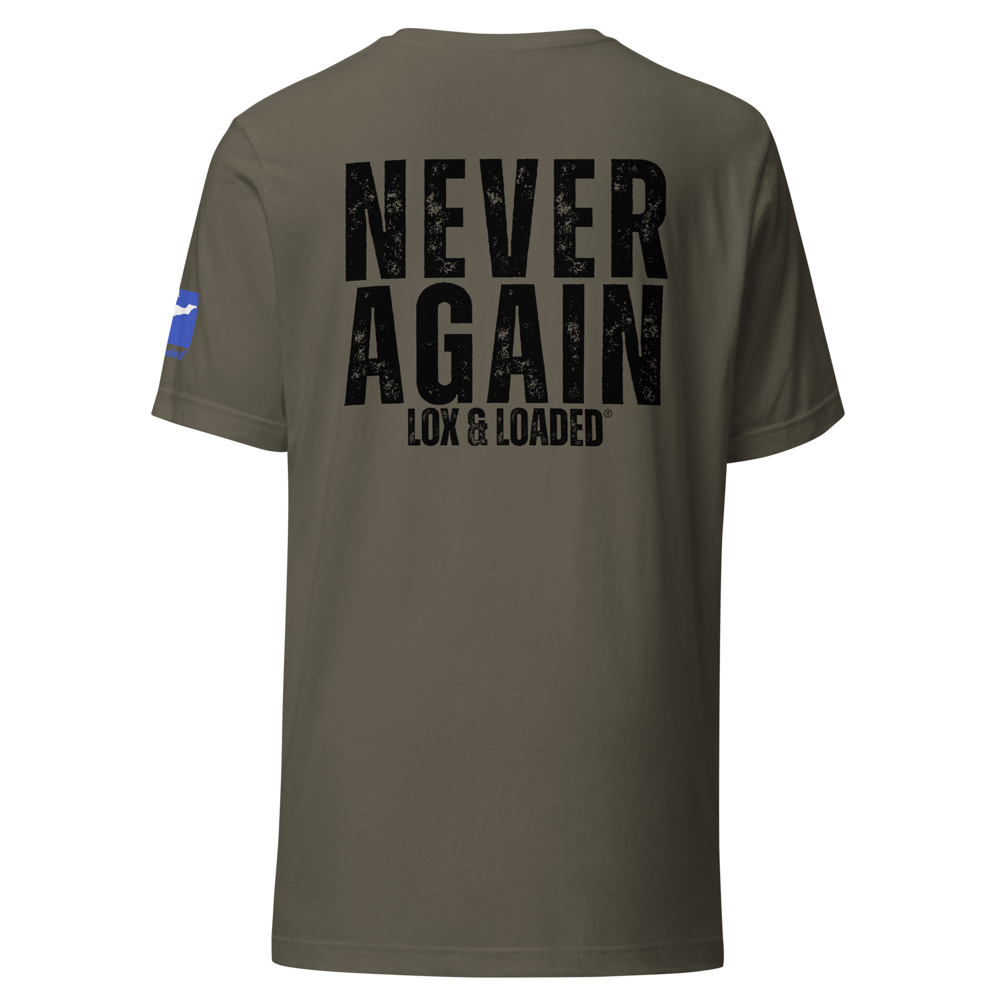Lox & Loaded 10.7.23 Never Again T-Shirt with Black Text - Image 10