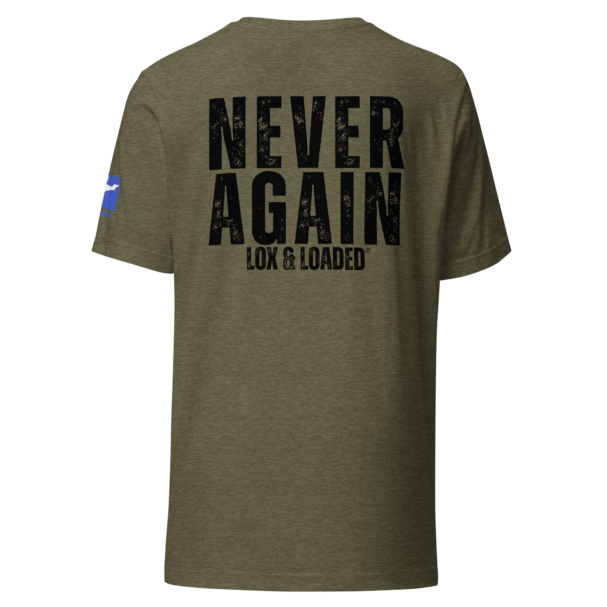 Lox & Loaded 10.7.23 Never Again T-Shirt with Black Text - Image 9