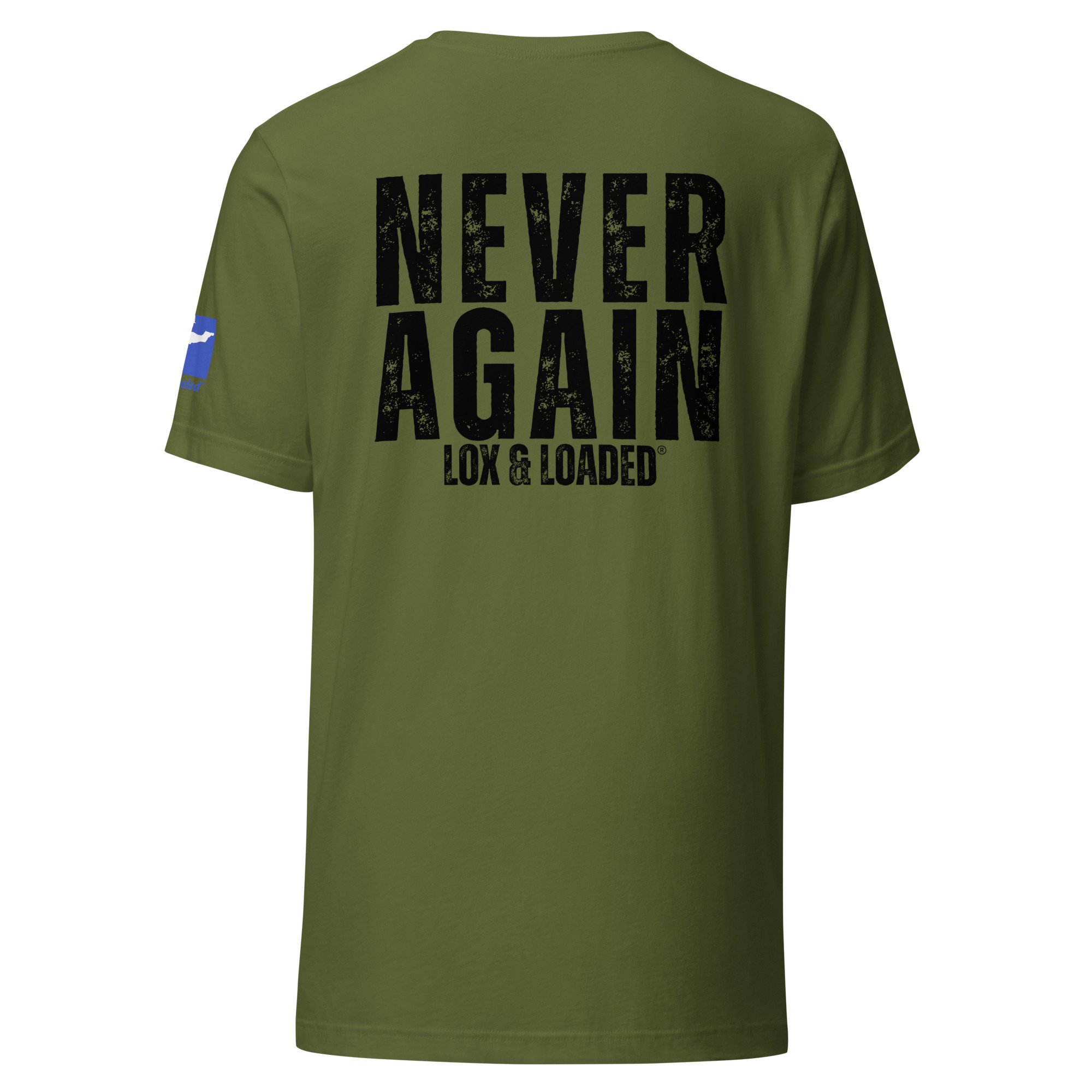 Lox & Loaded 10.7.23 Never Again T-Shirt with Black Text - Image 11