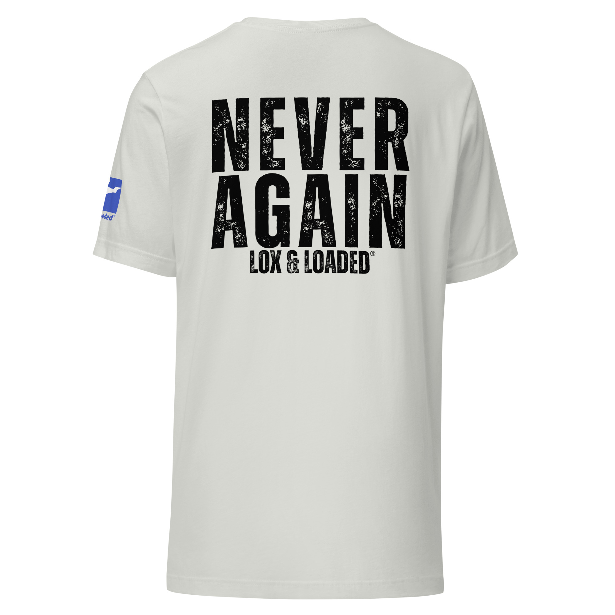 Lox & Loaded 10.7.23 Never Again T-Shirt with Black Text - Image 13