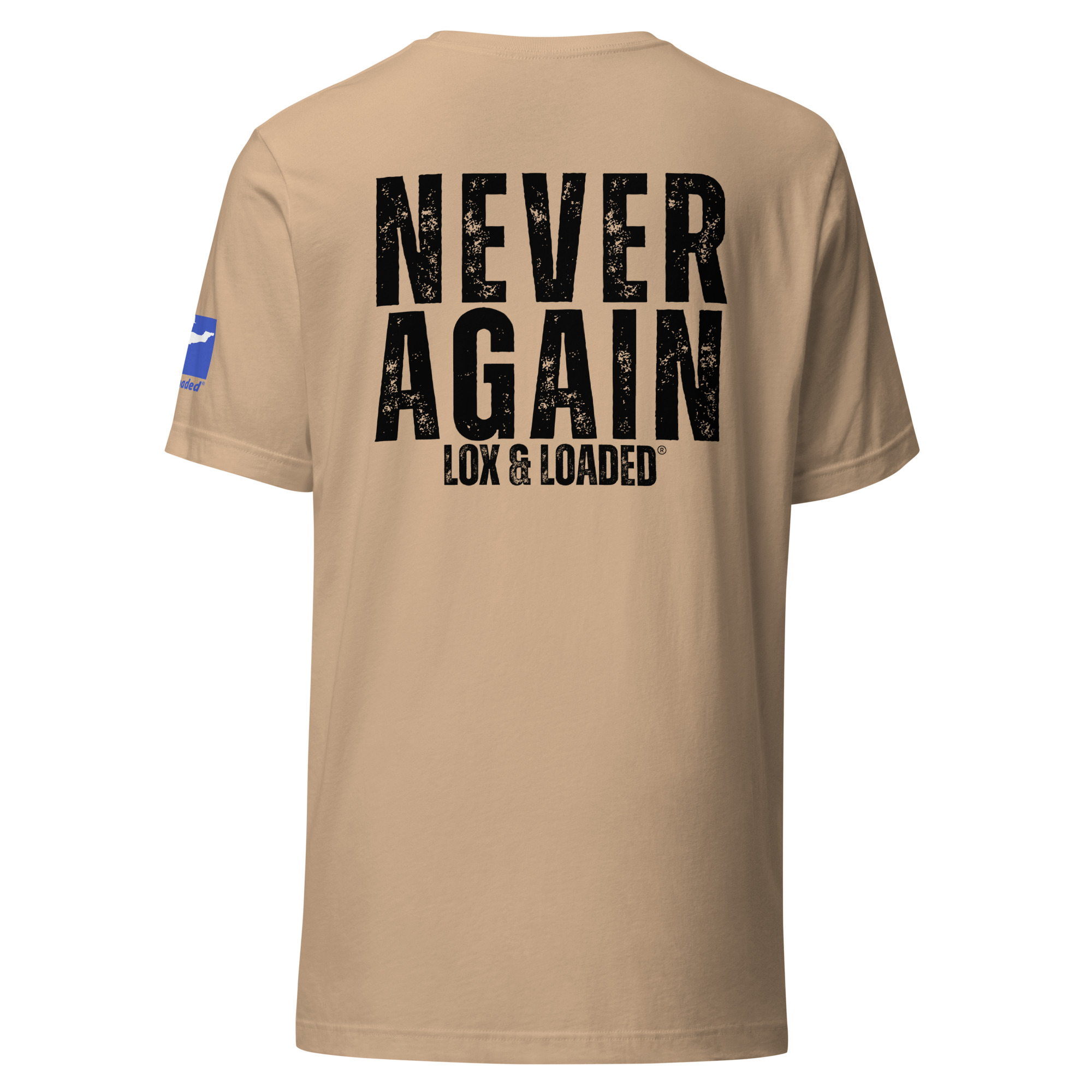 Lox & Loaded 10.7.23 Never Again T-Shirt with Black Text - Image 12